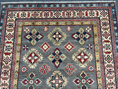 Gray Geometric Kazak 5X7 Handmade Wool Rug # 13825