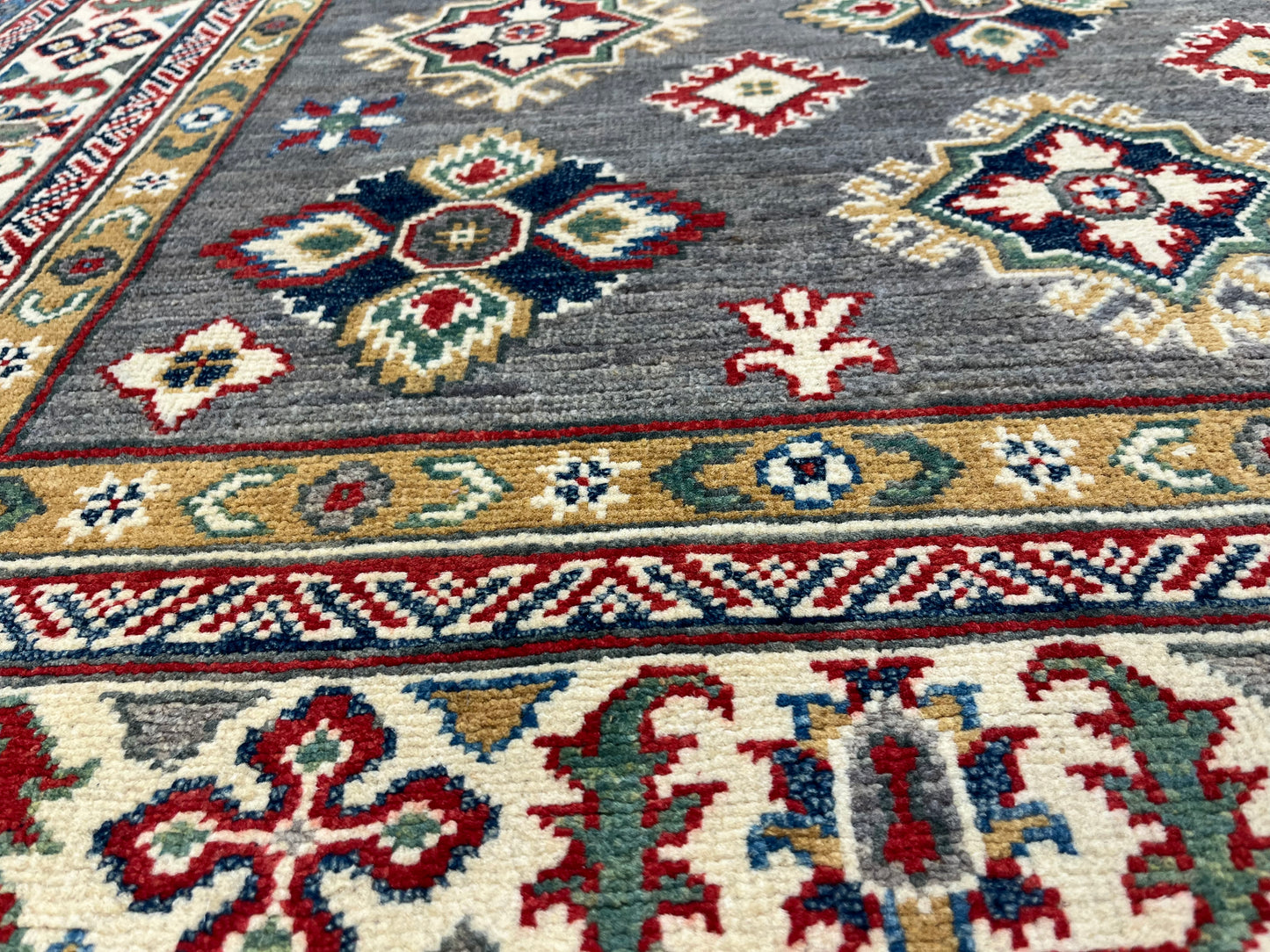 Gray Geometric Kazak 5X7 Handmade Wool Rug # 13825