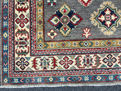 Gray Geometric Kazak 5X7 Handmade Wool Rug # 13825