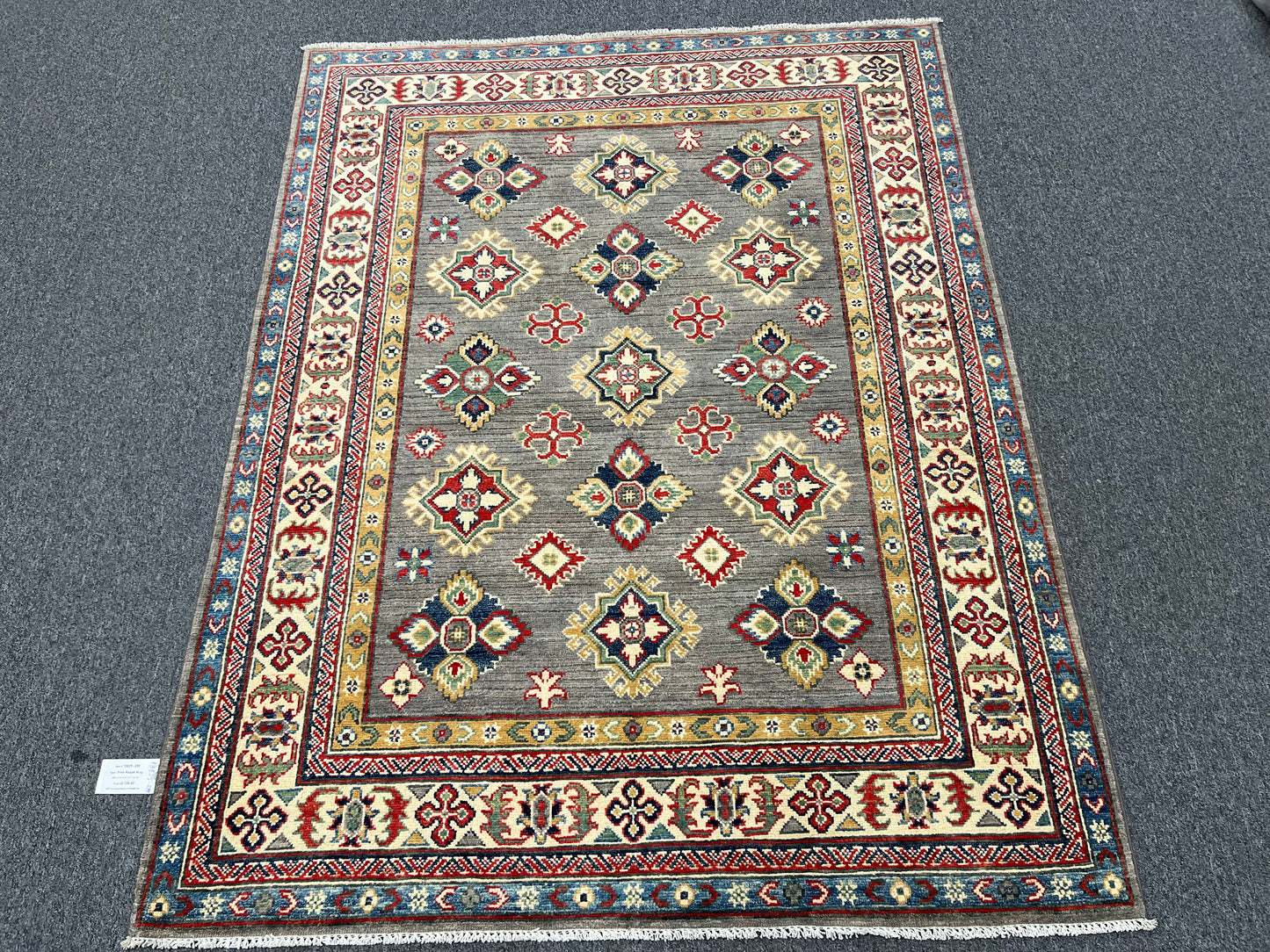 Gray Geometric Kazak 5X7 Handmade Wool Rug # 13825