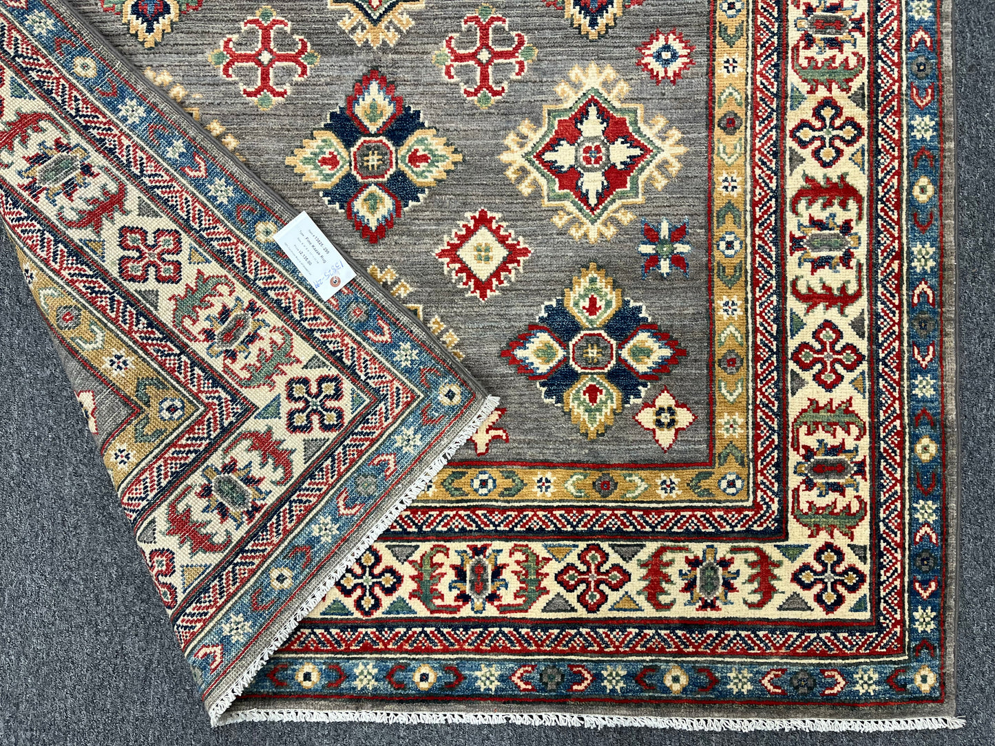 Gray Geometric Kazak 5X7 Handmade Wool Rug # 13825