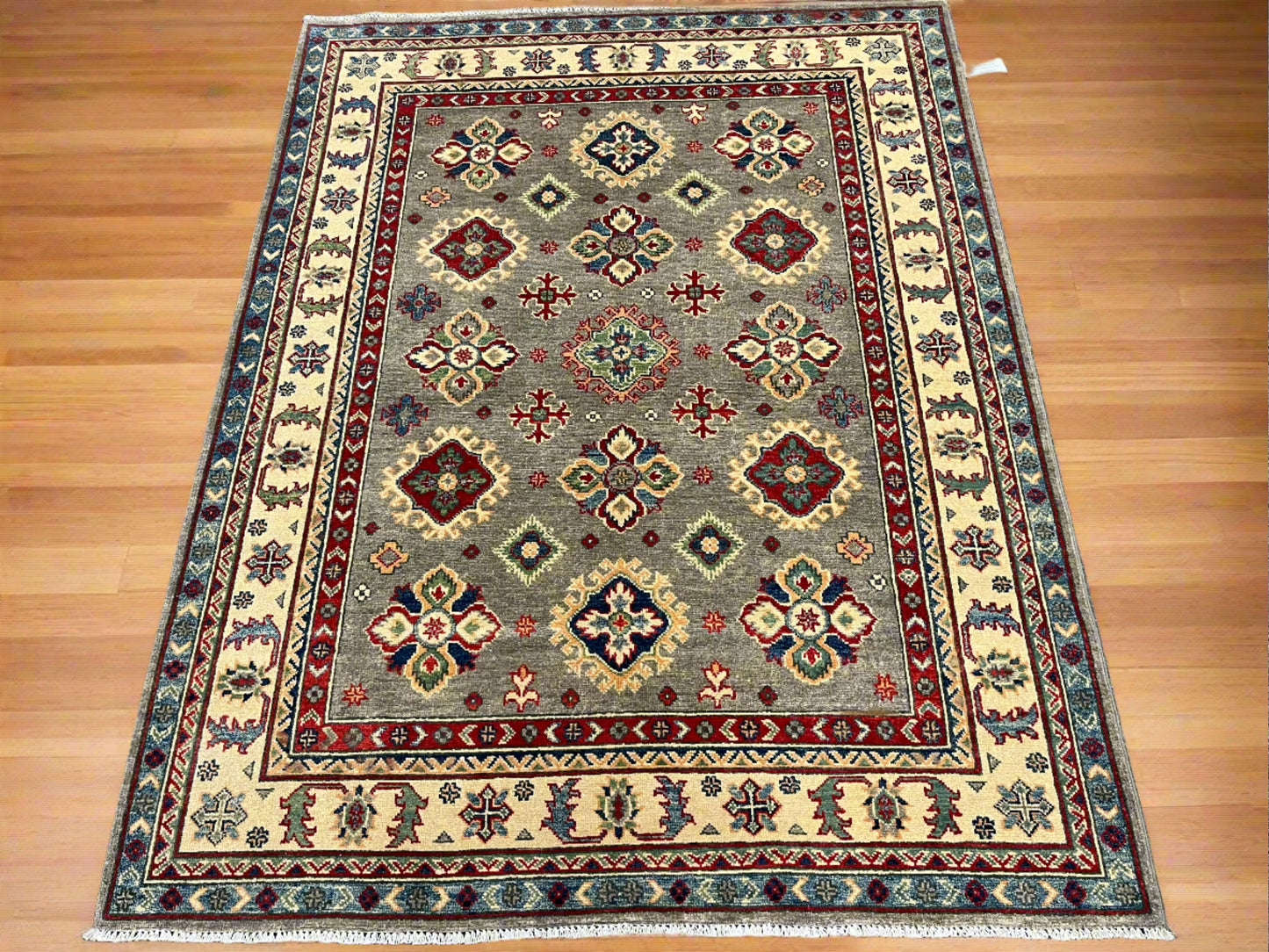 Gray Geometric Kazak 5X7 Handmade Wool Rug # 13809