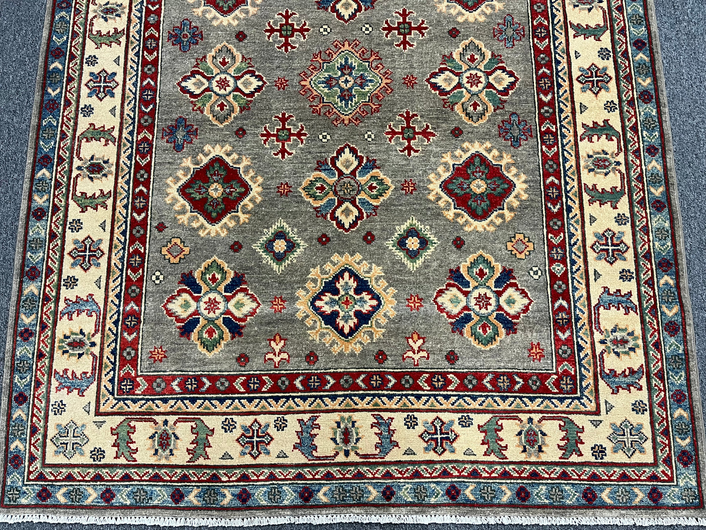 Gray Geometric Kazak 5X7 Handmade Wool Rug # 13809