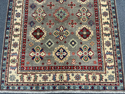 Gray Geometric Kazak 5X7 Handmade Wool Rug # 13809