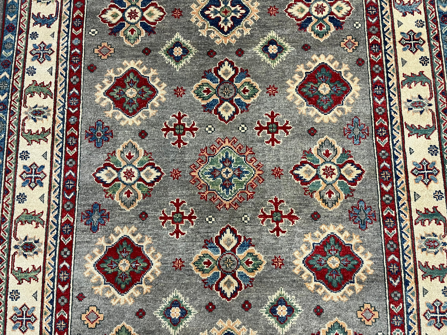 Gray Geometric Kazak 5X7 Handmade Wool Rug # 13809