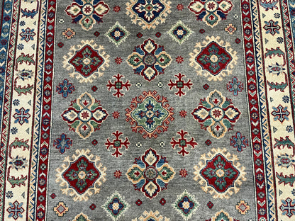 Gray Geometric Kazak 5X7 Handmade Wool Rug # 13809