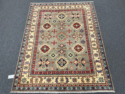 Gray Geometric Kazak 5X7 Handmade Wool Rug # 13809