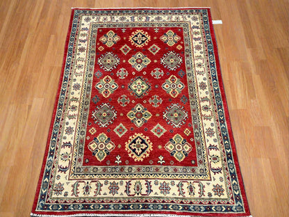 Red Geometric Kazak 5X7 Handmade Wool Rug # 13811