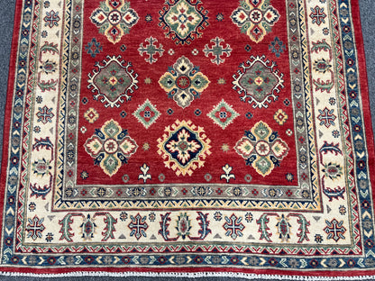 Red Geometric Kazak 5X7 Handmade Wool Rug # 13811