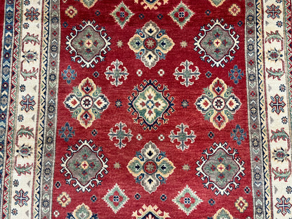 Red Geometric Kazak 5X7 Handmade Wool Rug # 13811