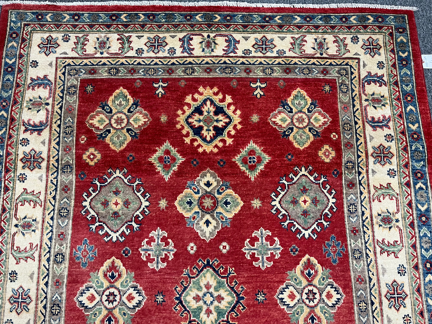 Red Geometric Kazak 5X7 Handmade Wool Rug # 13811