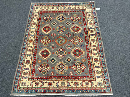 Gray/Beige Geometric Kazak 5X7 Handmade Wool Rug # 13823