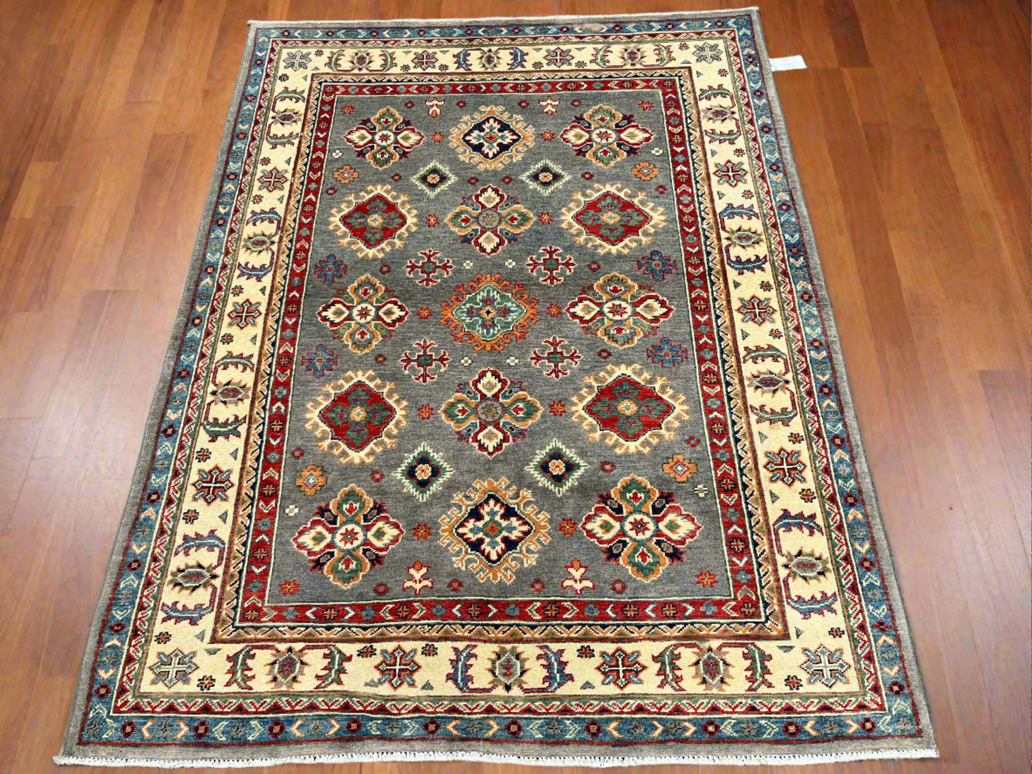 Gray/Beige Geometric Kazak 5X7 Handmade Wool Rug # 13823