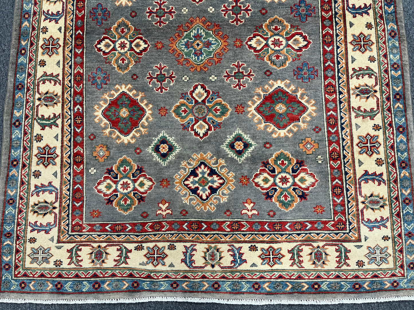 Gray/Beige Geometric Kazak 5X7 Handmade Wool Rug # 13823