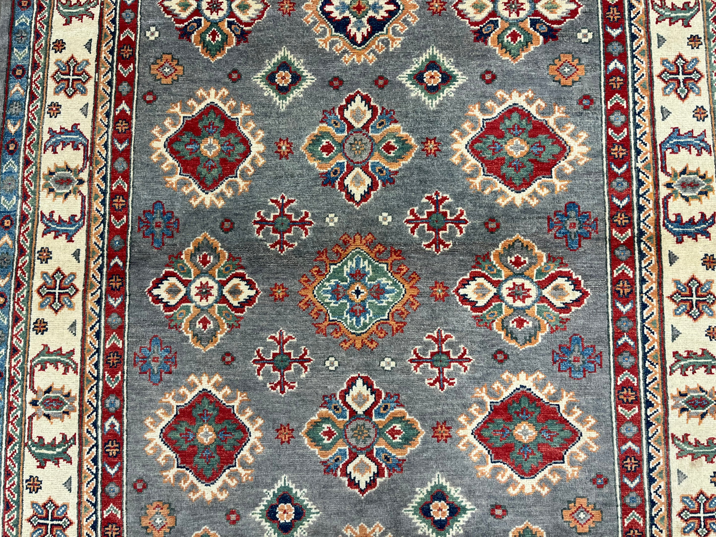 Gray/Beige Geometric Kazak 5X7 Handmade Wool Rug # 13823