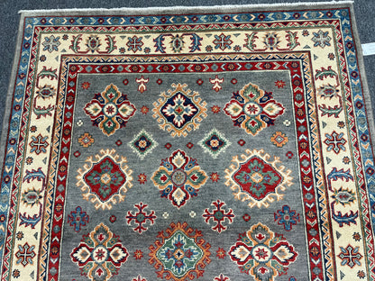 Gray/Beige Geometric Kazak 5X7 Handmade Wool Rug # 13823