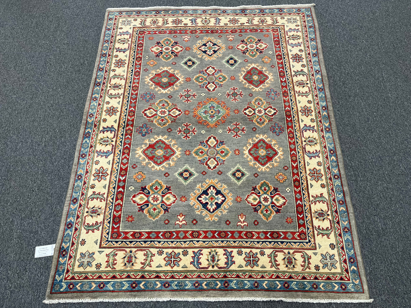 Gray/Beige Geometric Kazak 5X7 Handmade Wool Rug # 13823