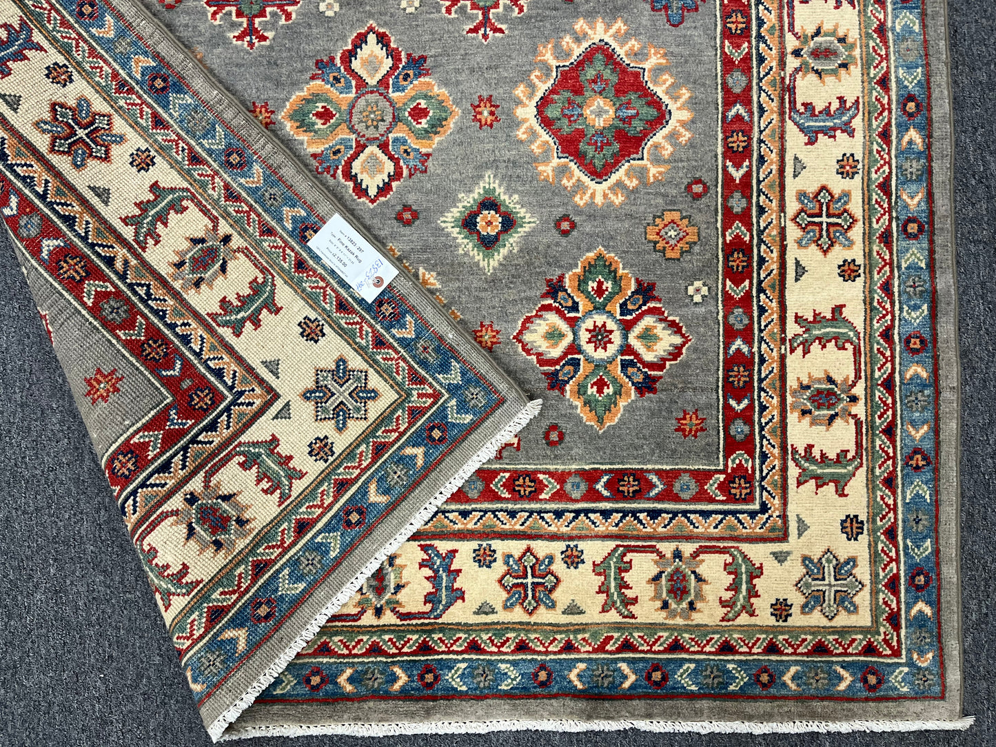 Gray/Beige Geometric Kazak 5X7 Handmade Wool Rug # 13823