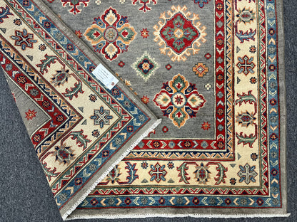 Gray/Beige Geometric Kazak 5X7 Handmade Wool Rug # 13823