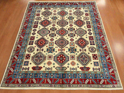 Beige Kazak Geometric 8X10 Handmade Wool Rug # 13708