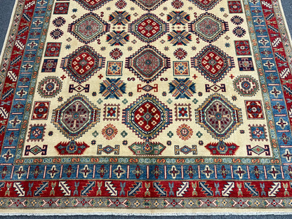 Beige Kazak Geometric 8X10 Handmade Wool Rug # 13708