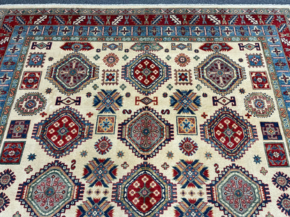 Beige Kazak Geometric 8X10 Handmade Wool Rug # 13708