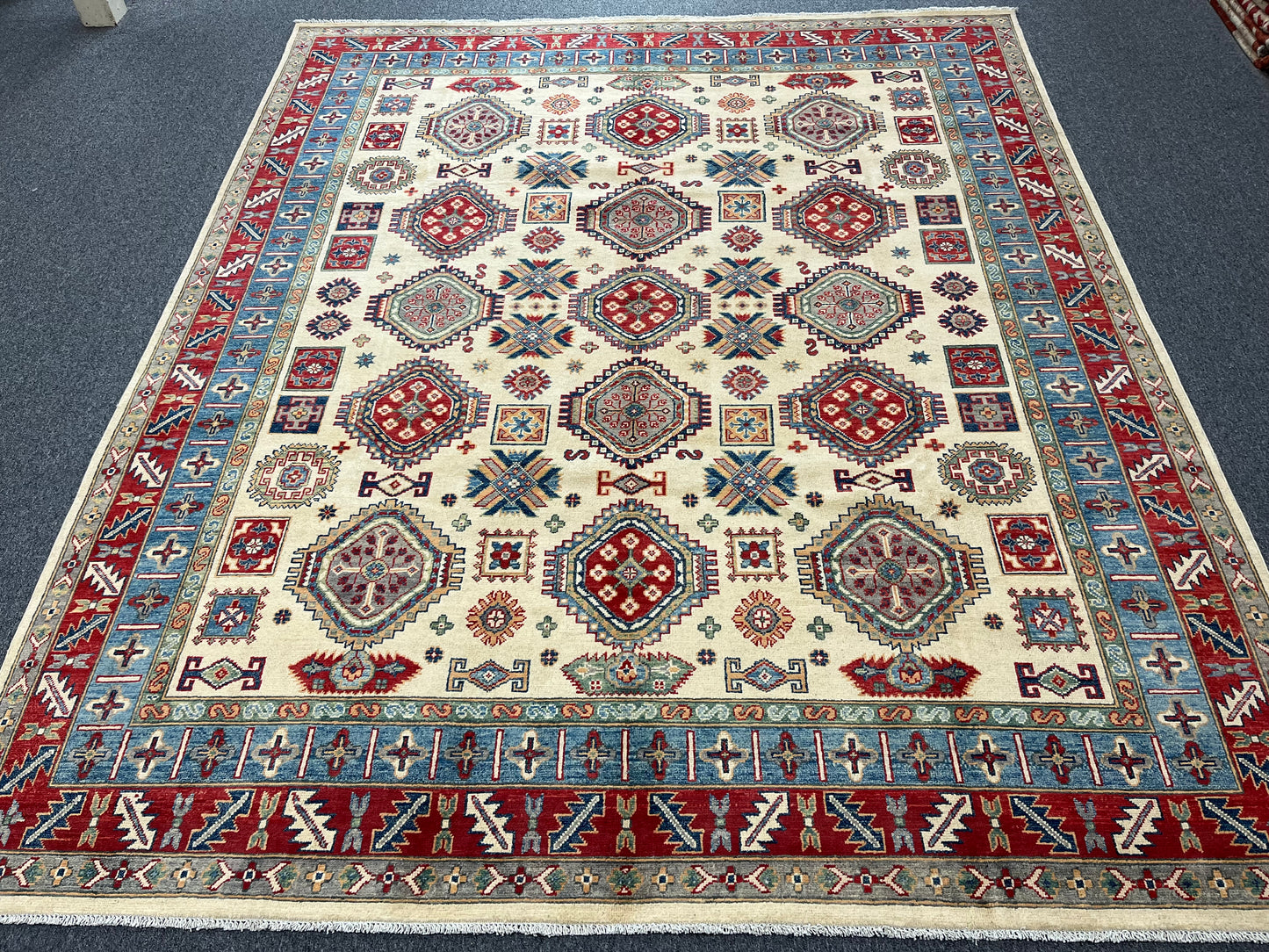 Beige Kazak Geometric 8X10 Handmade Wool Rug # 13708