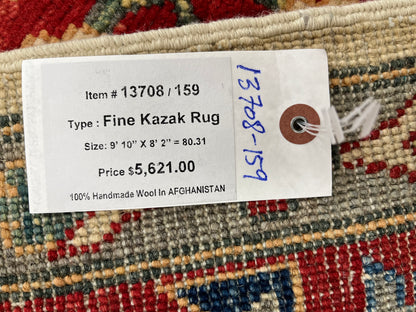 Beige Kazak Geometric 8X10 Handmade Wool Rug # 13708