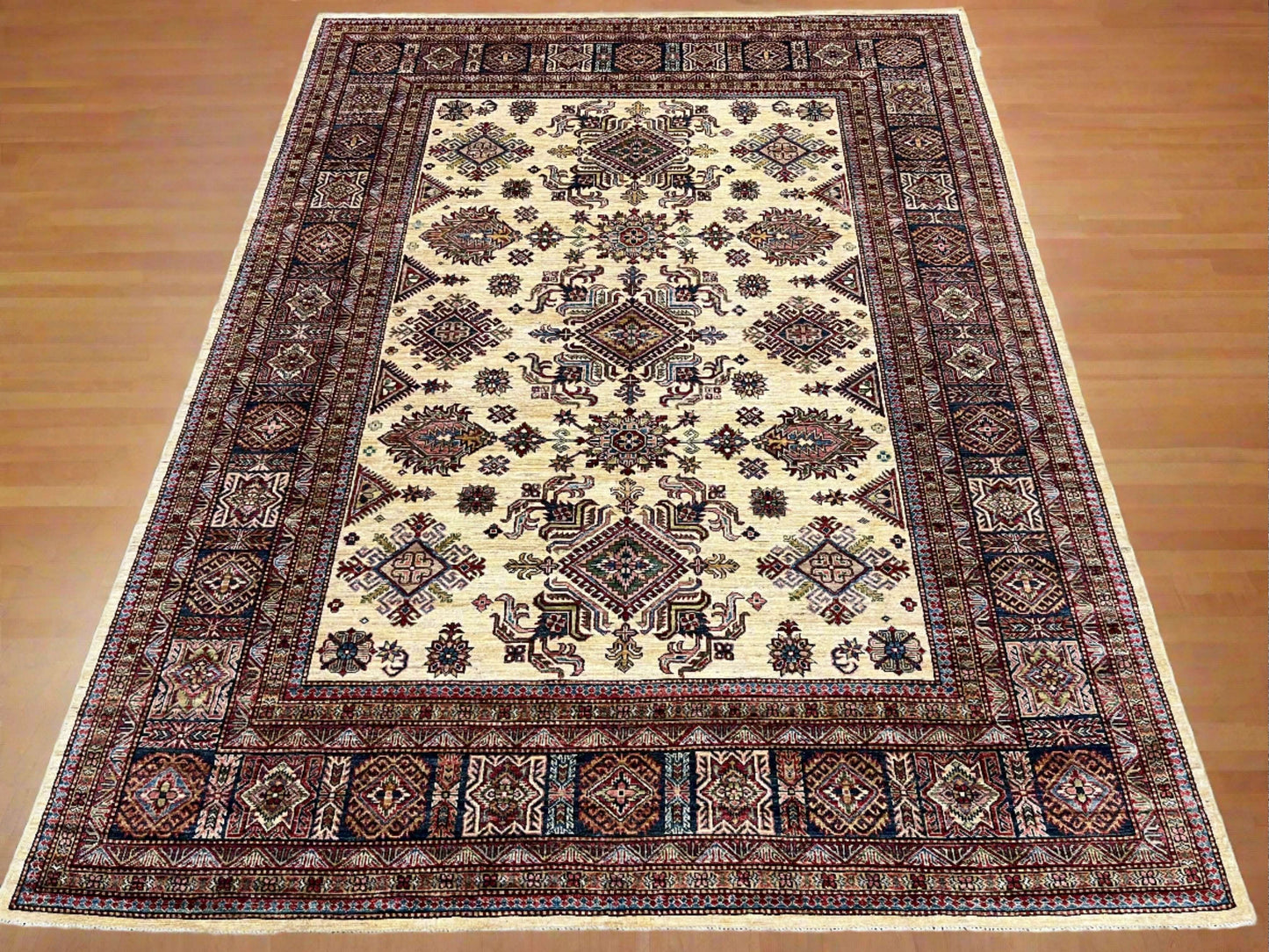 Beige Multicolor Super Kazak 8X10 Handmade Wool Rug # 14350