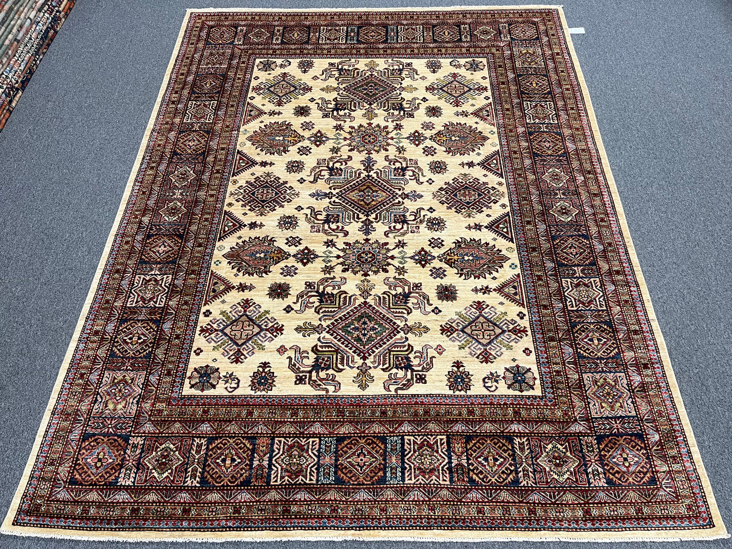 Beige Multicolor Super Kazak 8X10 Handmade Wool Rug # 14350