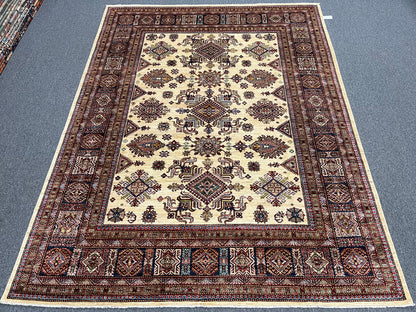 Beige Multicolor Super Kazak 8X10 Handmade Wool Rug # 14350