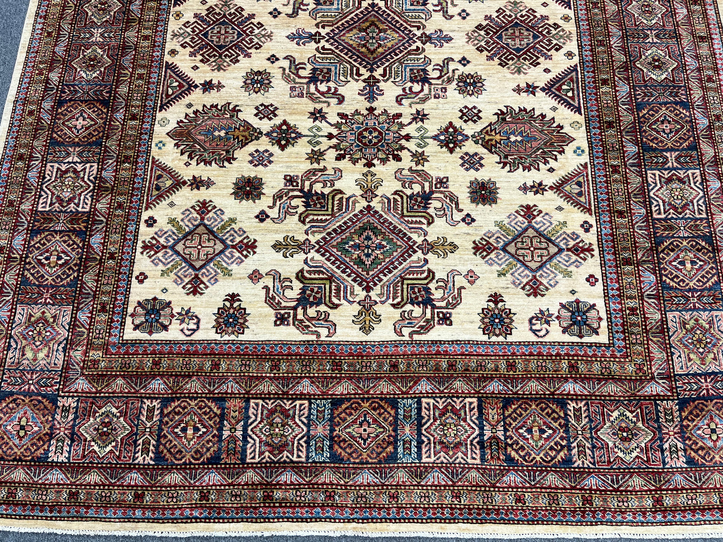 Beige Multicolor Super Kazak 8X10 Handmade Wool Rug # 14350