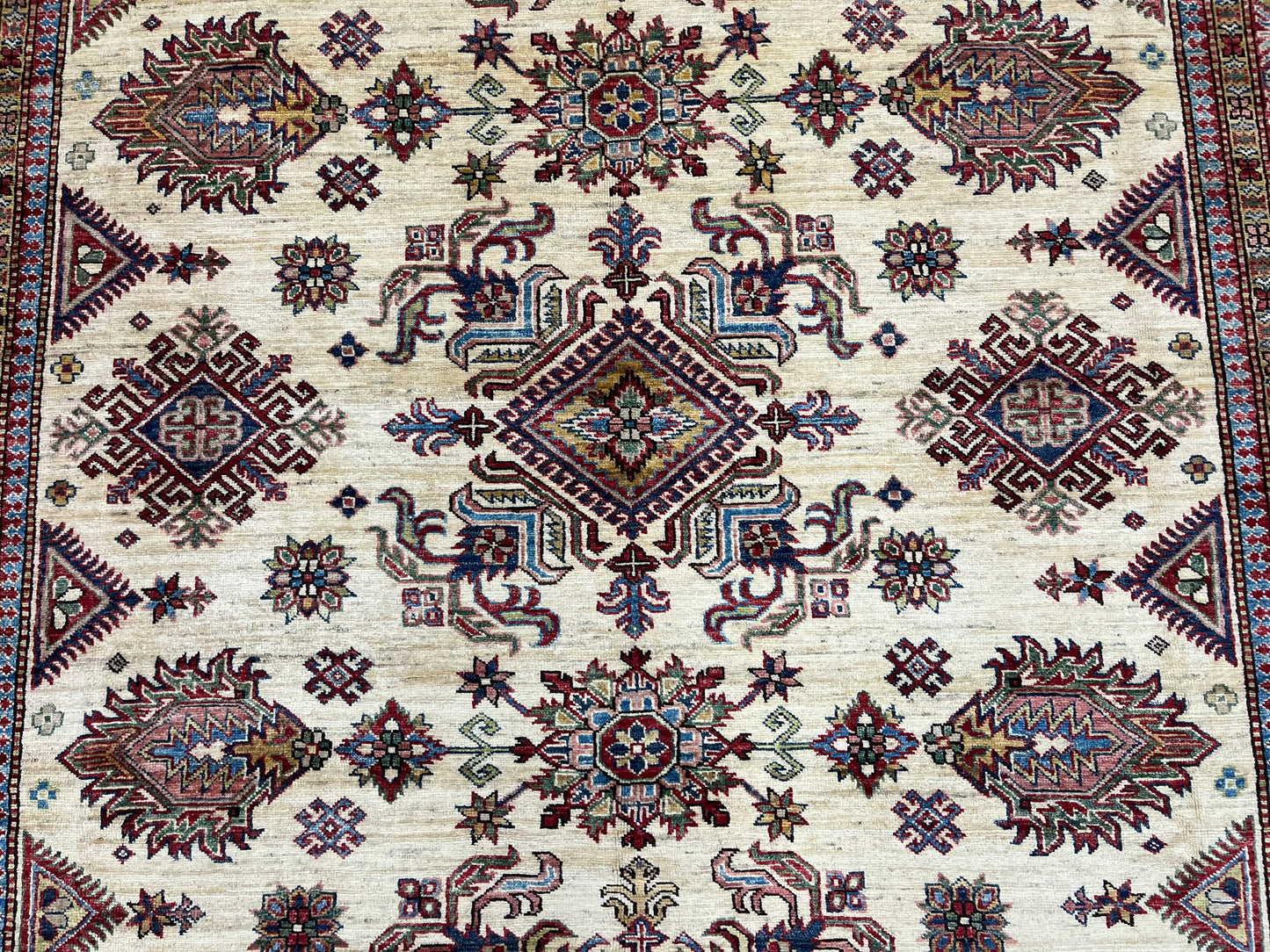 Beige Multicolor Super Kazak 8X10 Handmade Wool Rug # 14350