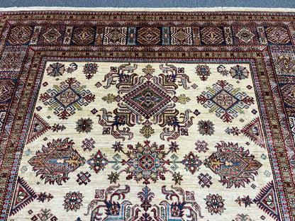 Beige Multicolor Super Kazak 8X10 Handmade Wool Rug # 14350