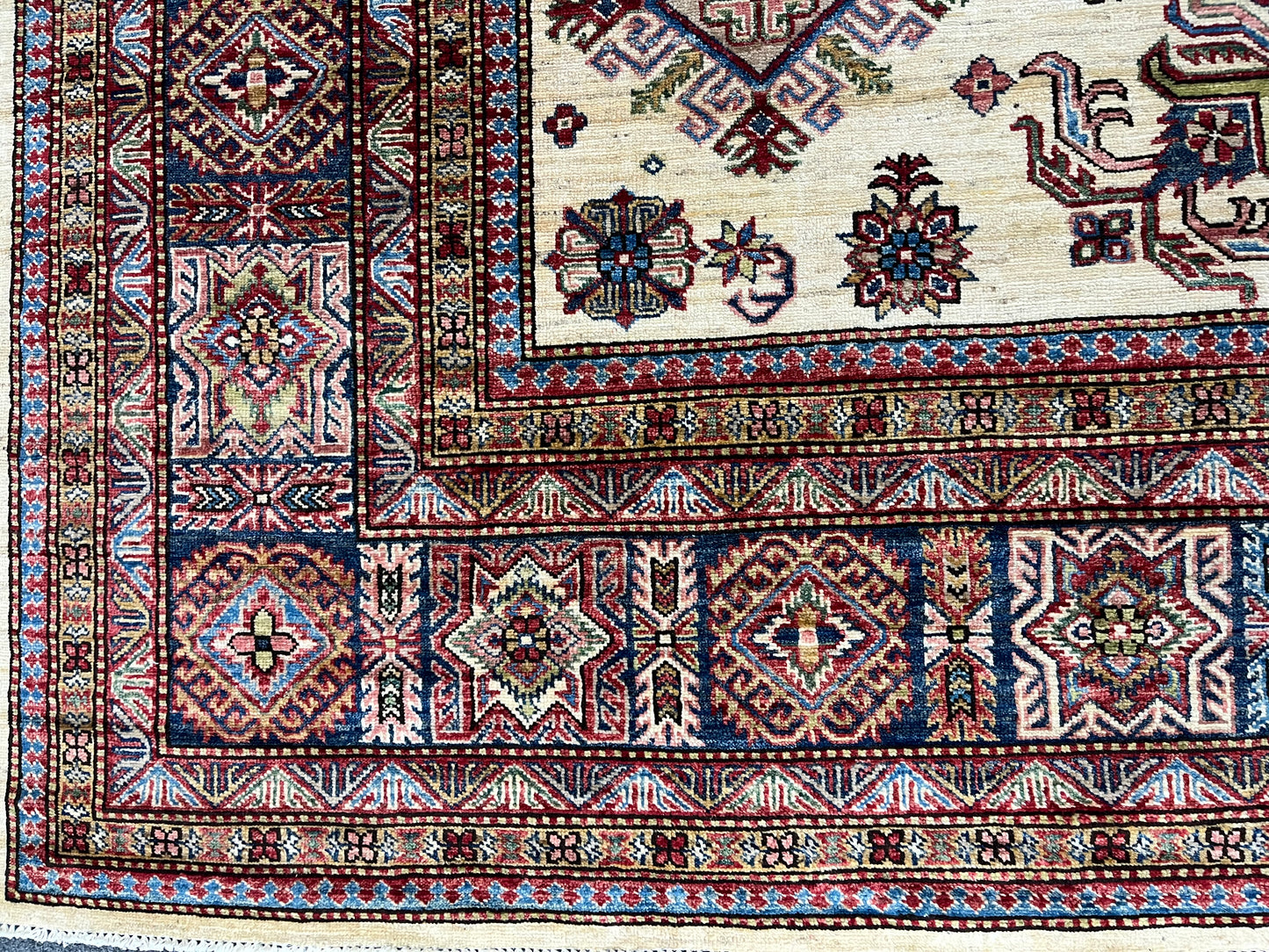 Beige Multicolor Super Kazak 8X10 Handmade Wool Rug # 14350