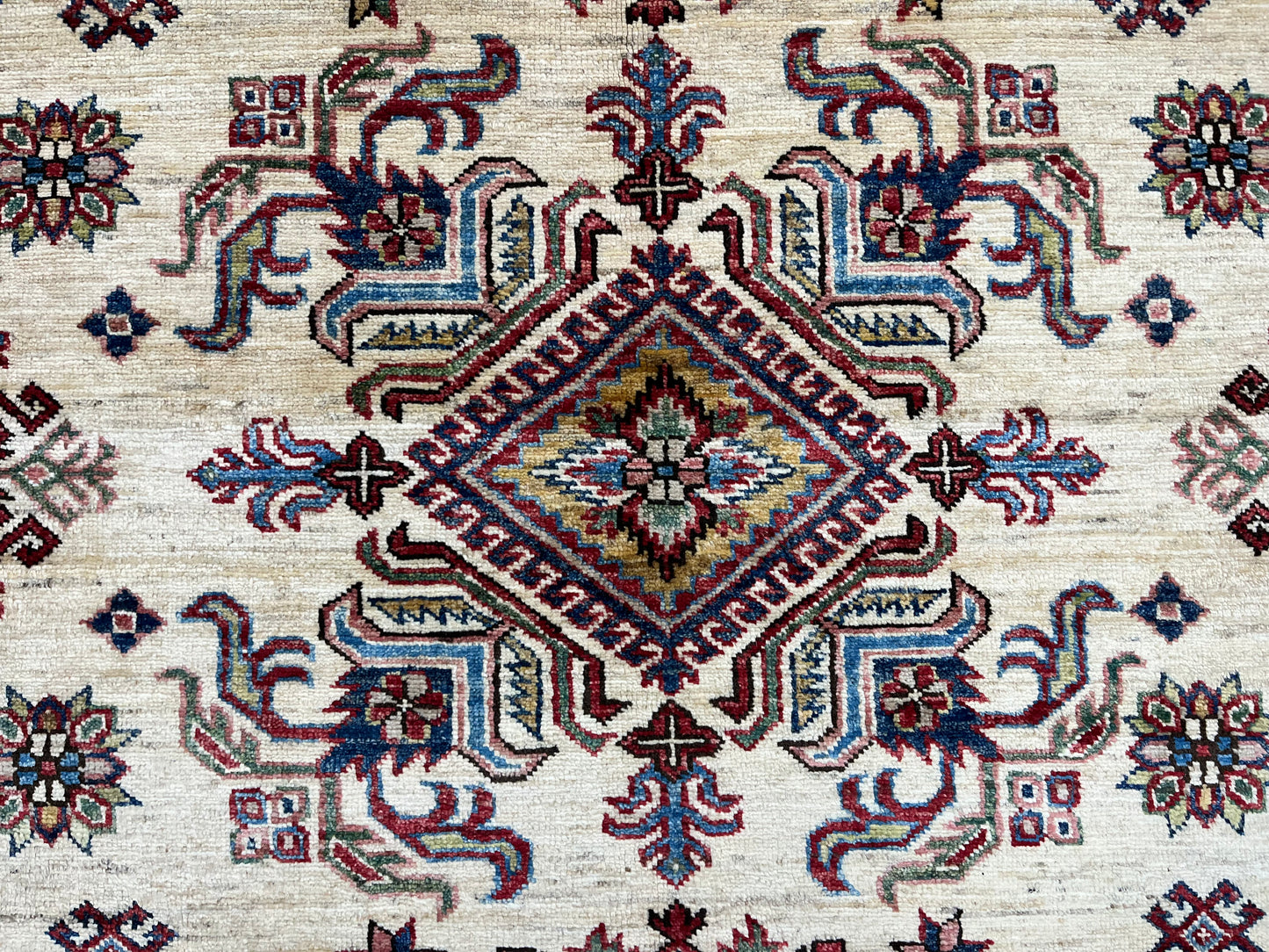 Beige Multicolor Super Kazak 8X10 Handmade Wool Rug # 14350