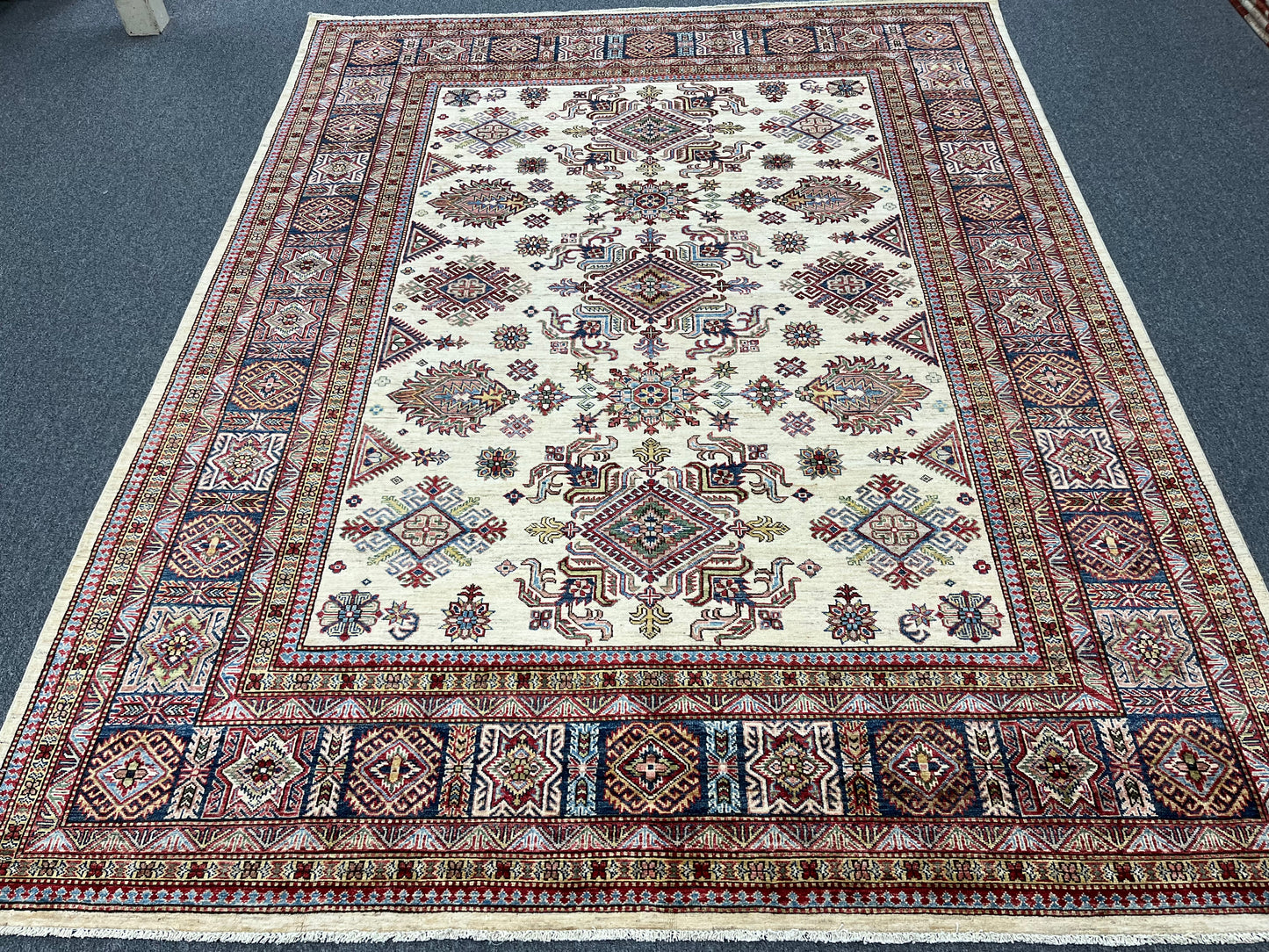 Beige Multicolor Super Kazak 8X10 Handmade Wool Rug # 14350