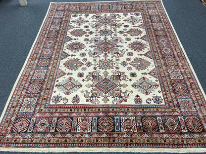 Beige Multicolor Super Kazak 8X10 Handmade Wool Rug # 14350