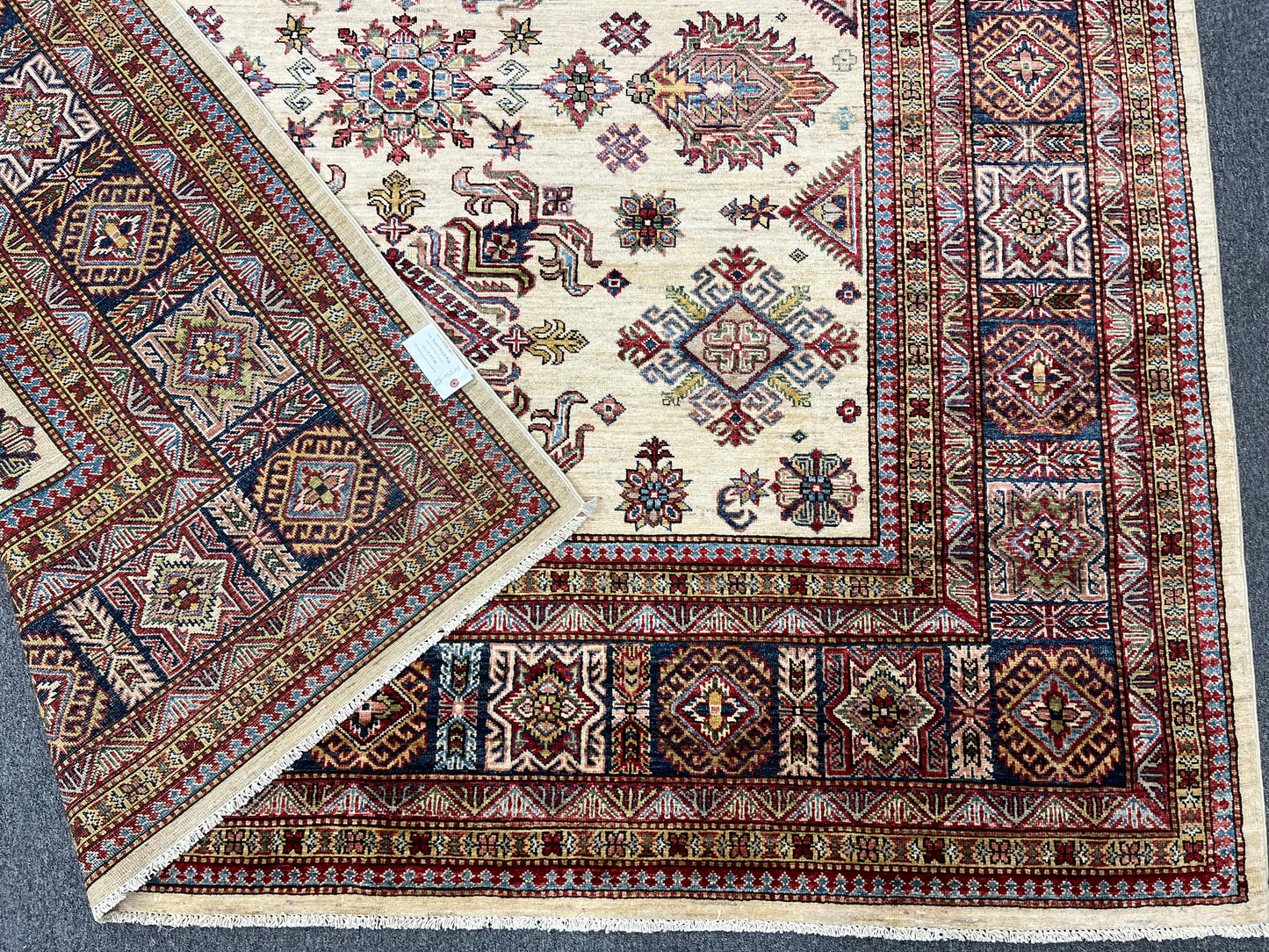 Beige Multicolor Super Kazak 8X10 Handmade Wool Rug # 14350