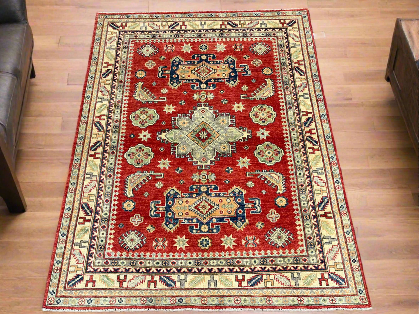 Kazak Geometric Red 5X7 Handmade Oriental Rug # 13910