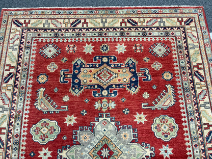 Kazak Geometric Red 5X7 Handmade Oriental Rug # 13910