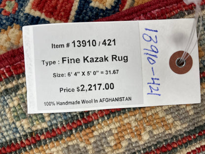 Kazak Geometric Red 5X7 Handmade Oriental Rug # 13910