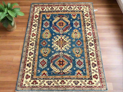 Geometric Light Blue Kazak 5X6 Handmade Oriental Rug # 13913