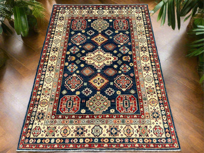 Geometric Navy Blue Kazak 6X8 Handmade Oriental Rug # 13659