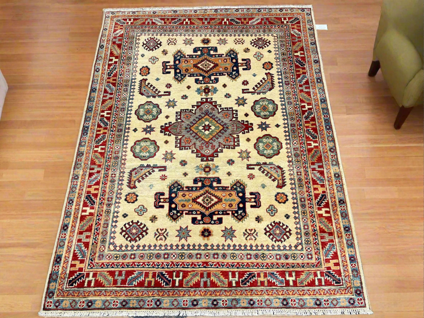 Beige Geometric Kazak 5X7 Handmade Oriental Rug # 13699