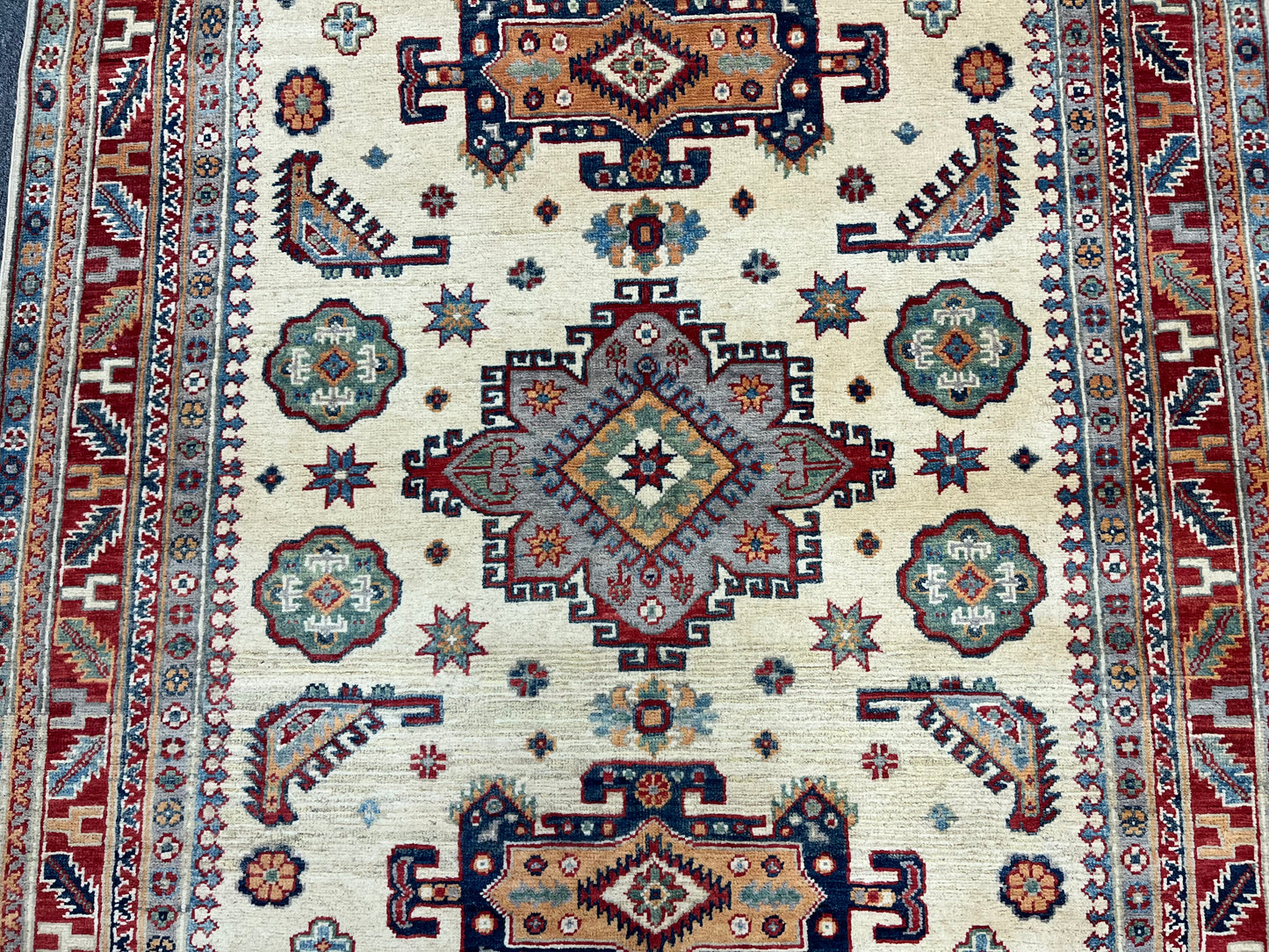 Beige Geometric Kazak 5X7 Handmade Oriental Rug # 13699