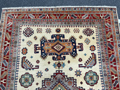 Beige Geometric Kazak 5X7 Handmade Oriental Rug # 13699