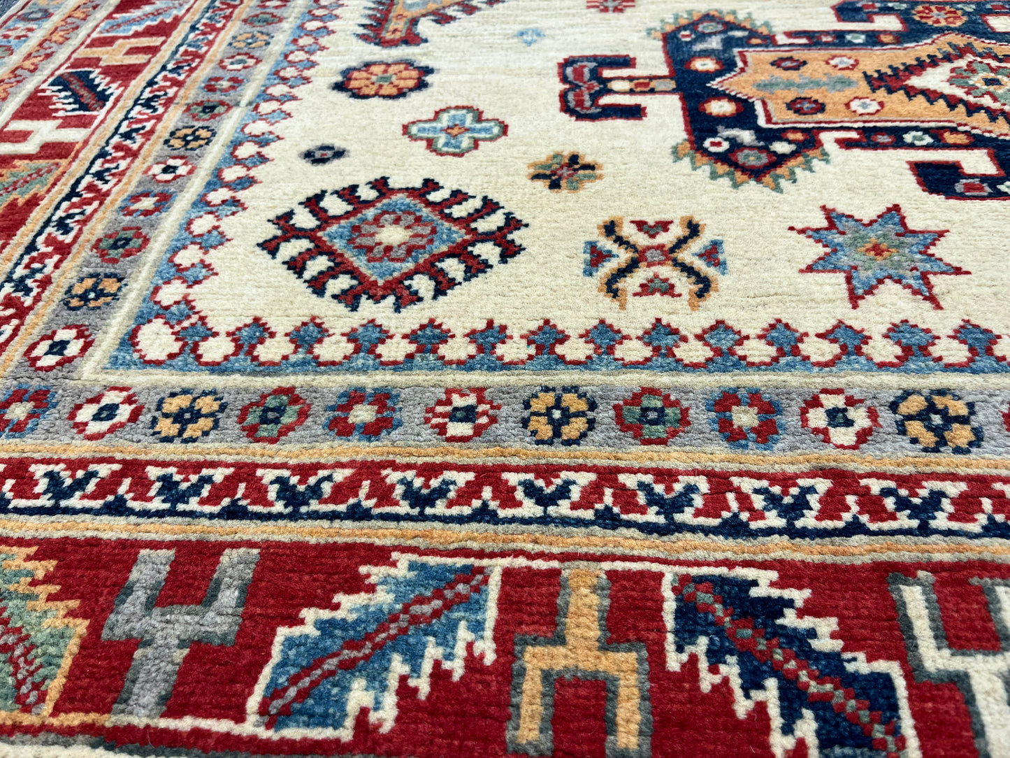 Beige Geometric Kazak 5X7 Handmade Oriental Rug # 13699