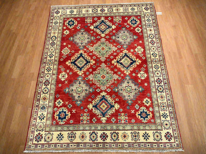 Red Geometric Kazak 5X7 Handmade Oriental Rug # 13838