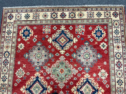 Red Geometric Kazak 5X7 Handmade Oriental Rug # 13838